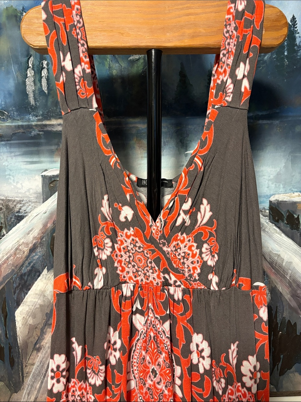 INC International Concepts Brown Maxi Dress with Red Coral Print - Picture 2 of 4